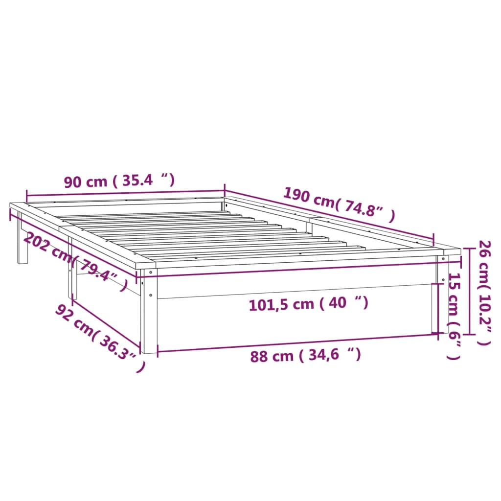 vidaXL Estrutura de cama c/ LED solteiro 90x190cm madeira maciça preto