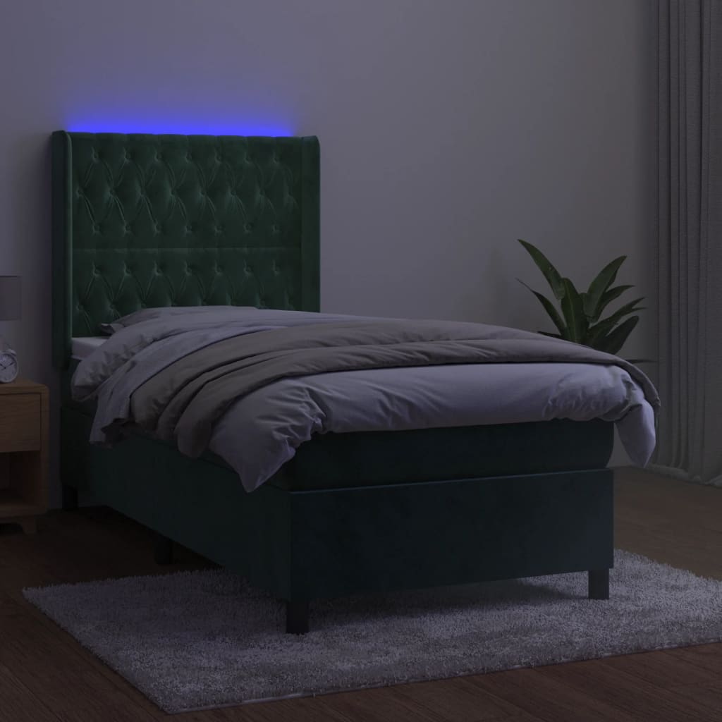 vidaXL Cama box spring c/ colchão/LED 90x200 cm veludo verde-escuro