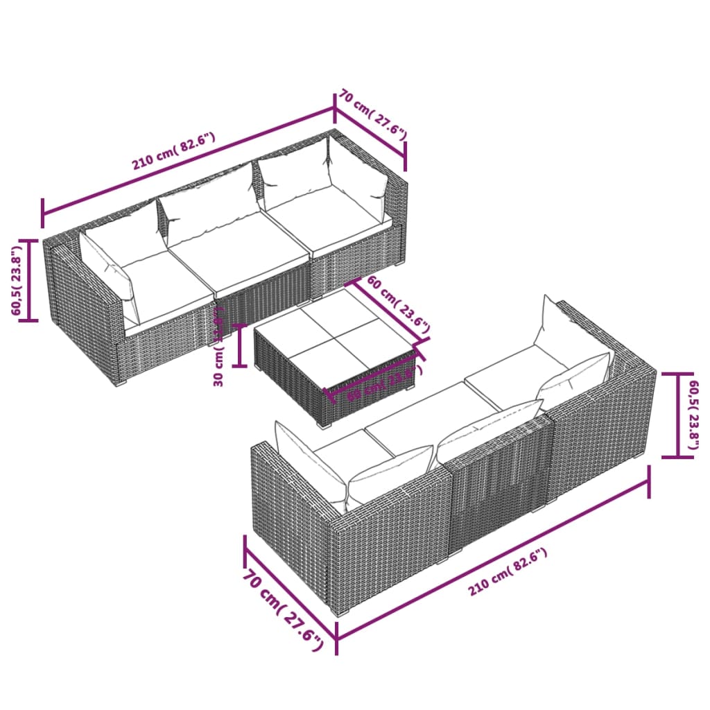 vidaXL 7 pcs conjunto lounge de jardim c/ almofadões vime PE preto