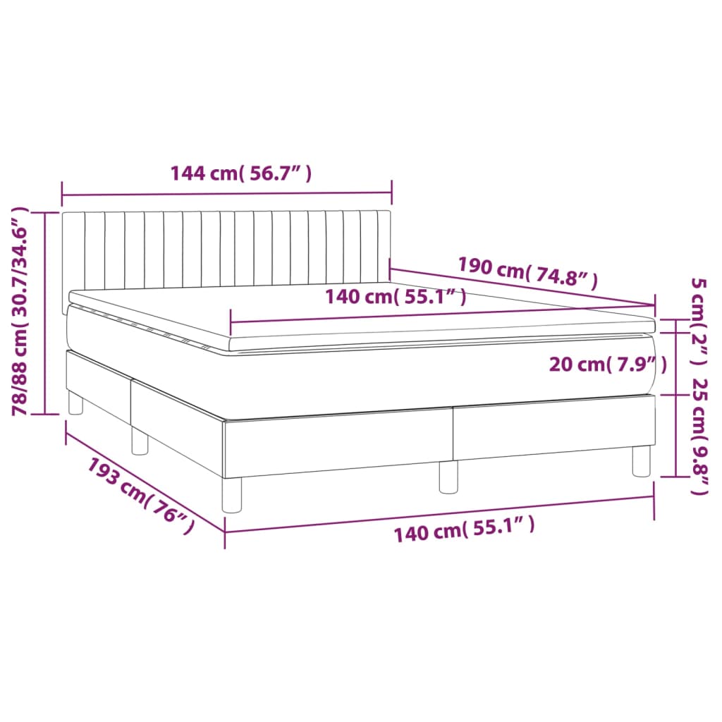 vidaXL Cama box spring c/ colchão/LED 140x190cm tecido castanho-escuro