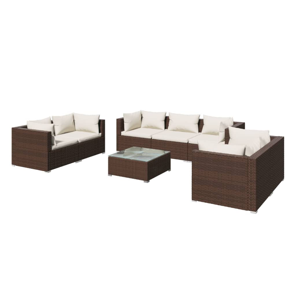 vidaXL 8 pcs conjunto lounge jardim c/ almofadões vime PE castanho