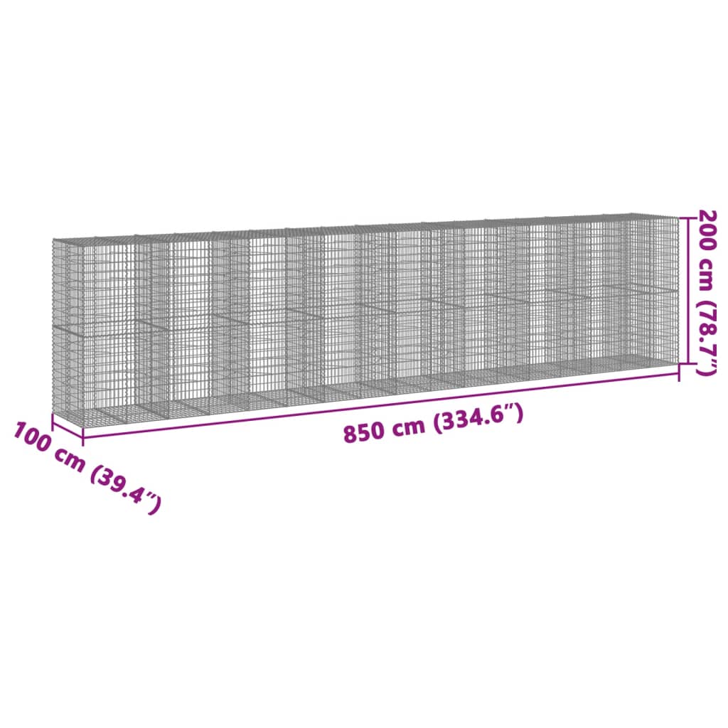 vidaXL Cesto gabião com cobertura 850x100x200 cm ferro galvanizado