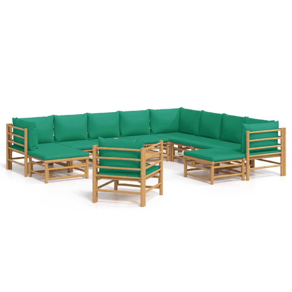 vidaXL 12 pcs conjunto lounge de jardim bambu c/ almofadões verdes