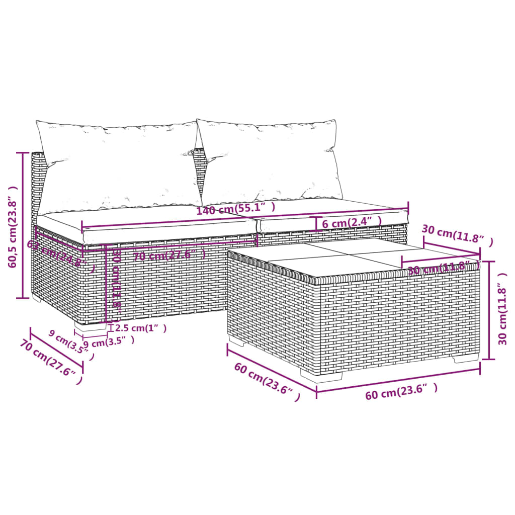 vidaXL 3 pcs conjunto lounge de jardim c/ almofadões vime PE cinzento