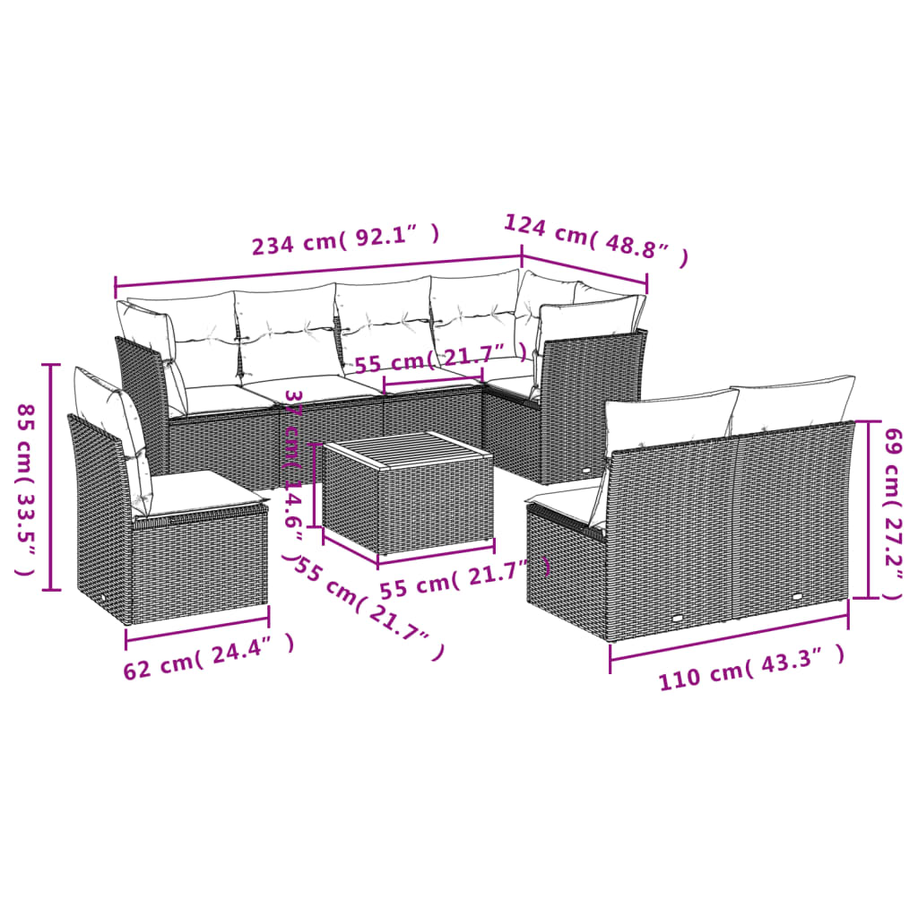 vidaXL 9 pcs conjunto de sofás p/ jardim com almofadões vime PE bege