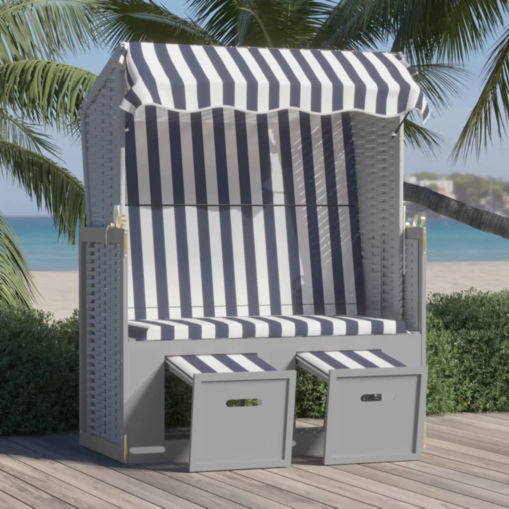 vidaXL Strandkorb com toldo vime PE e madeira maciça azul e branco