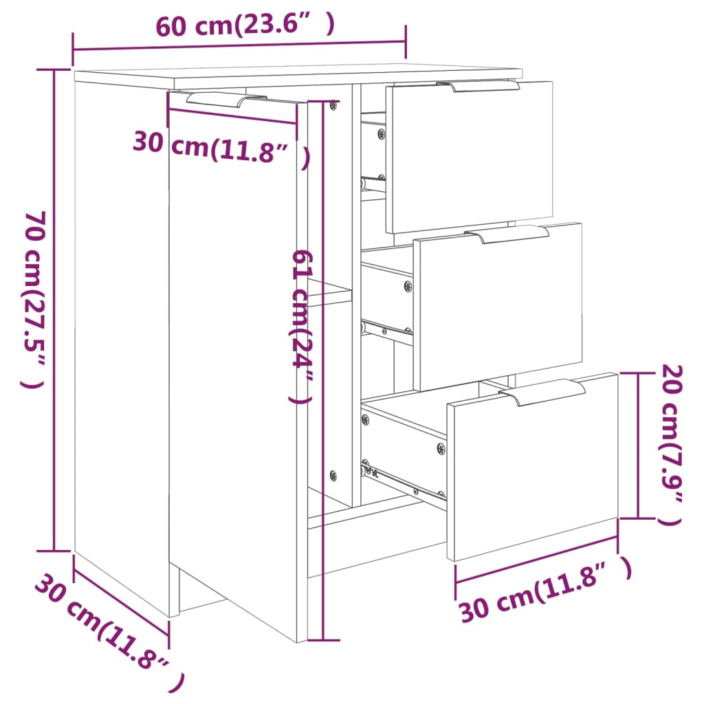 vidaXL Aparadores 2 pcs 60x30x70 cm madeira processada cinza cimento