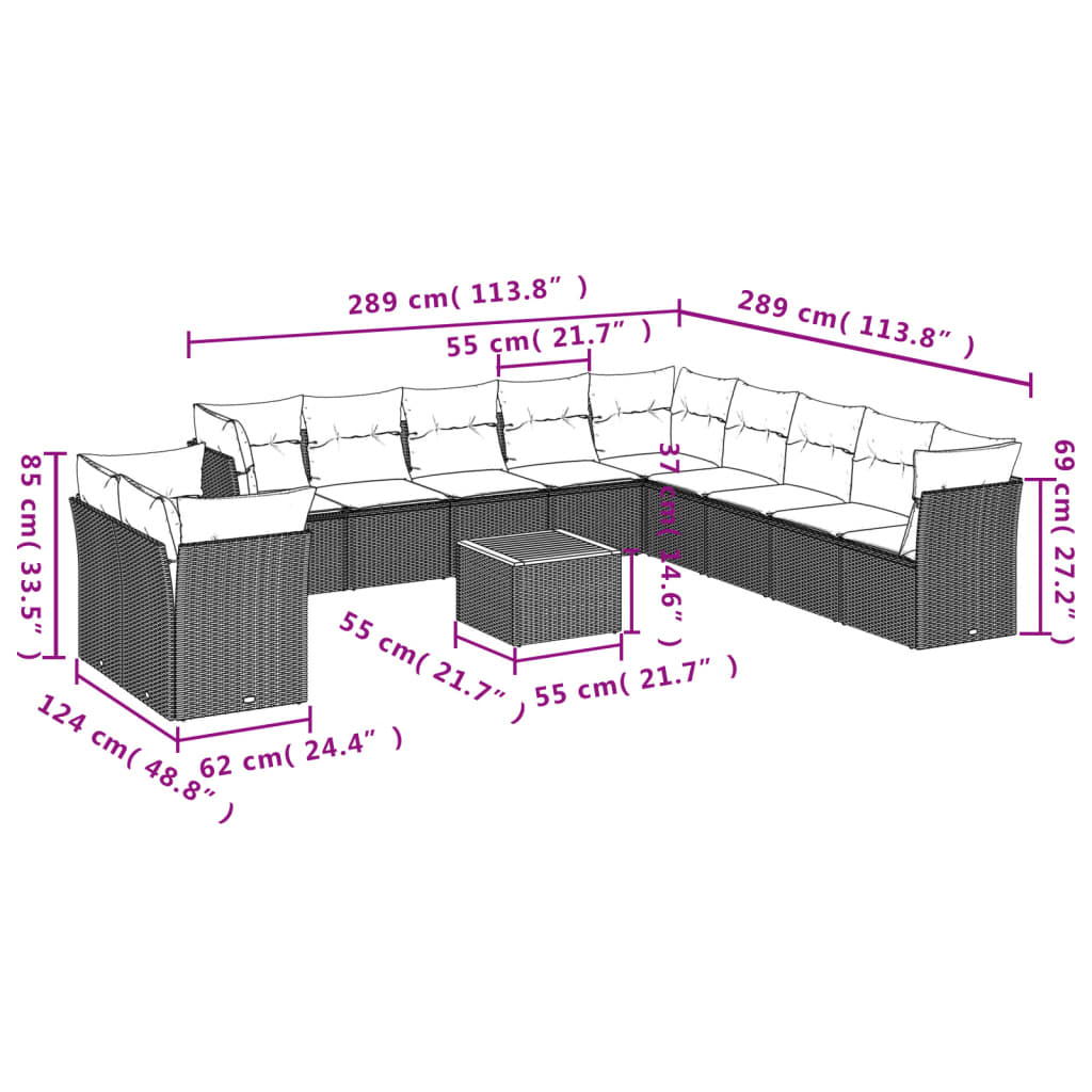 vidaXL 12 pcs conjunto de sofás de jardim c/ almofadões vime PE preto