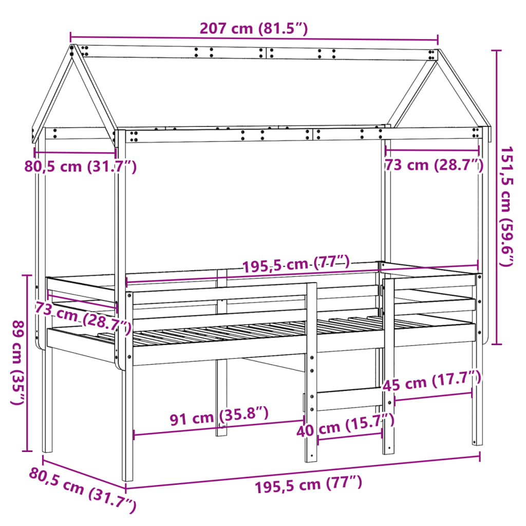 vidaXL Cama alta com telhado 75x190 cm pinho maciço castanho-mel