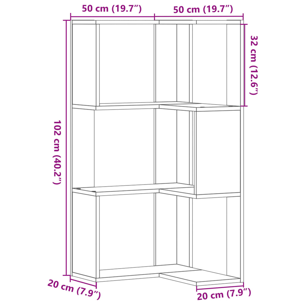 vidaXL Estante canto 3 prateleiras 50x50x102 cm deriv. madeira branco