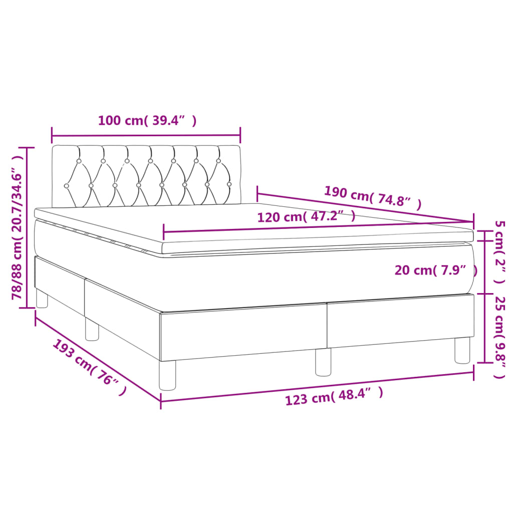 vidaXL Cama box spring c/ colchão e LED 120x190 cm tecido cinza-escuro