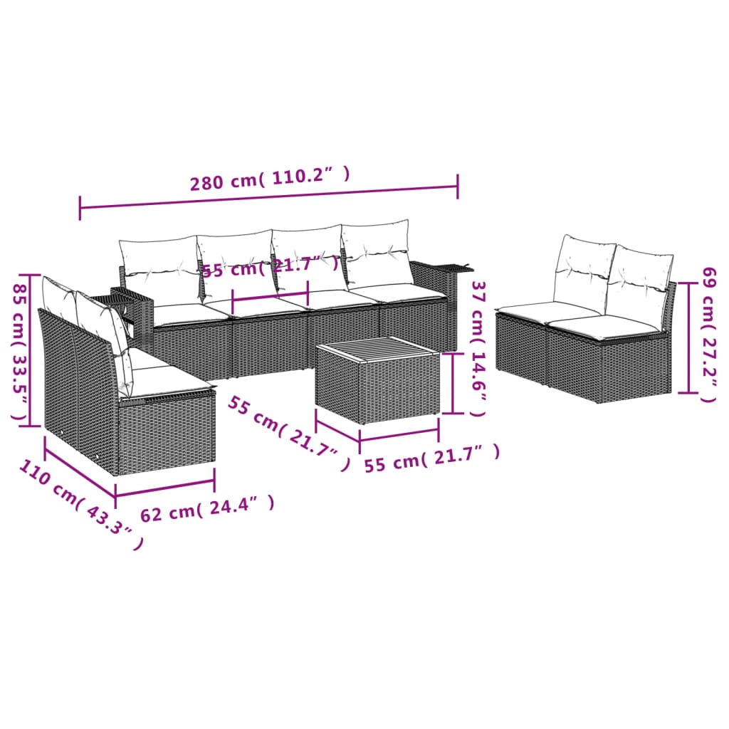 vidaXL 9 pcs conjunto sofás p/ jardim com almofadões vime PE cinzento