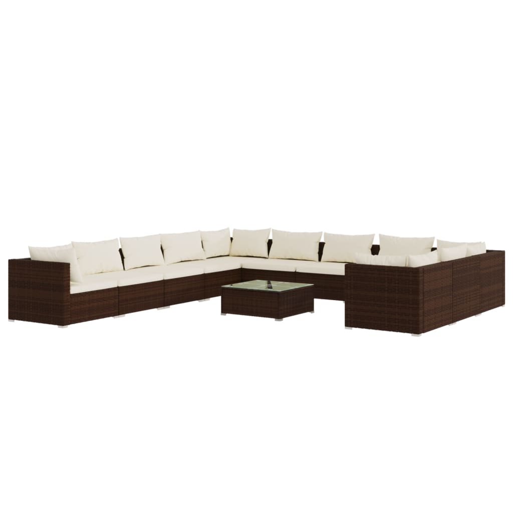 vidaXL 12 pcs conjunto lounge jardim c/ almofadões vime PE castanho