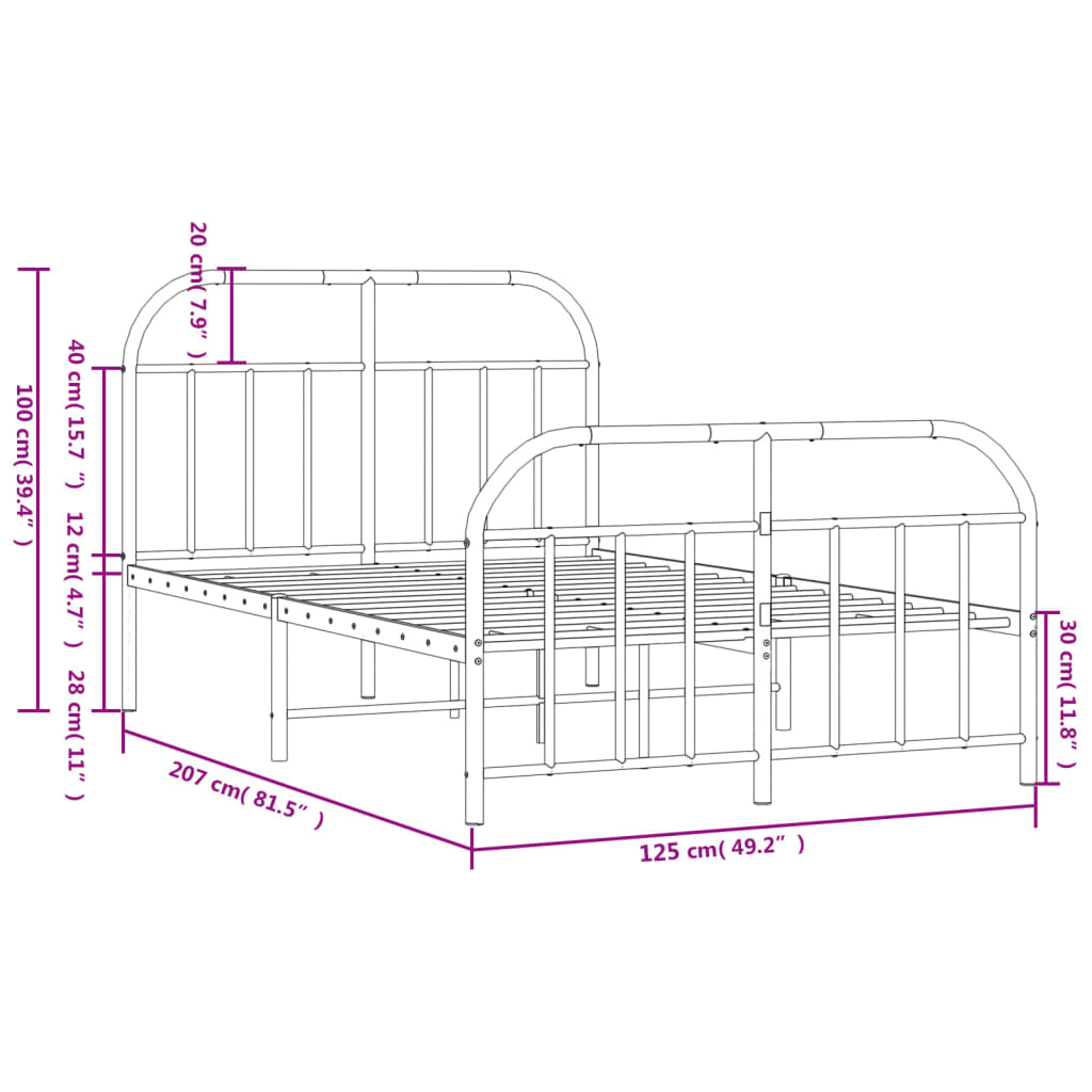 vidaXL Estrutura de cama com cabeceira e pés 120x200 cm metal preto