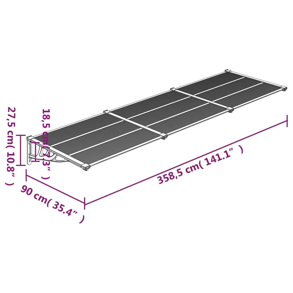 vidaXL Toldo para porta 358,5x90 cm policarbonato preto/transparente