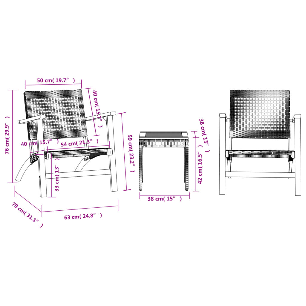 vidaXL 3 pcs conjunto de bistrô vime PE/madeira de acácia maciça preto