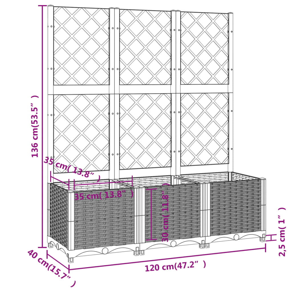 vidaXL Vaso/floreira jardim c/ treliça 120x40x136 cm PP cinza-escuro