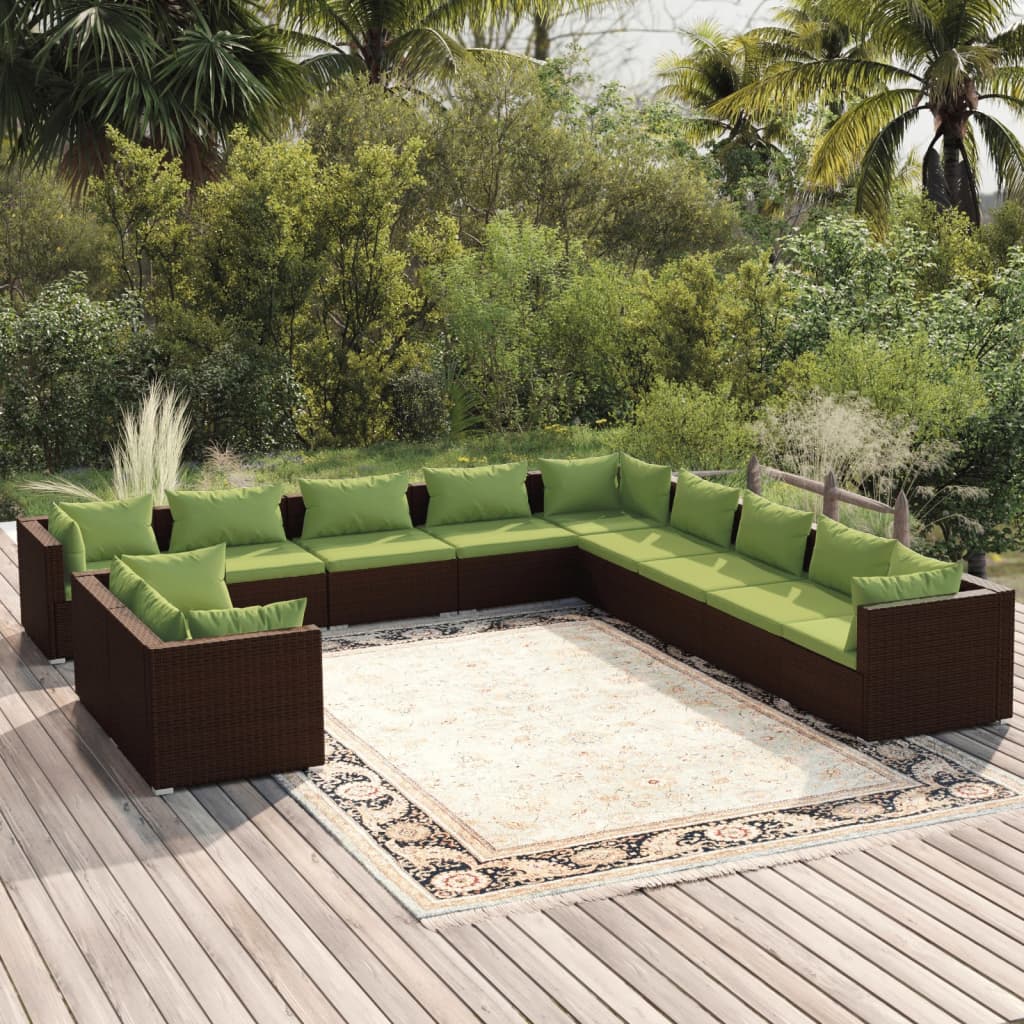 vidaXL 11 pcs conjunto lounge jardim c/ almofadões vime PE castanho