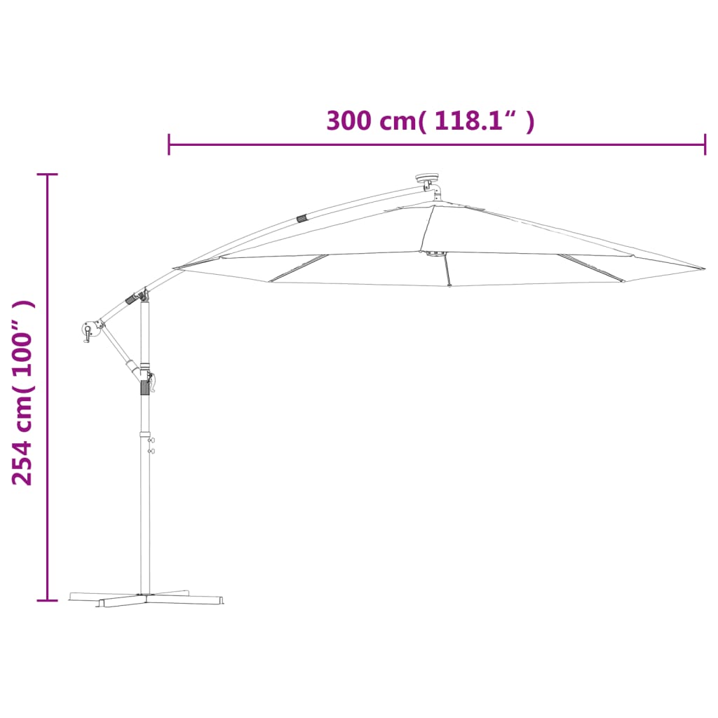 vidaXL Guarda-sol cantilever c/ luzes LED e poste de aço 300 cm preto