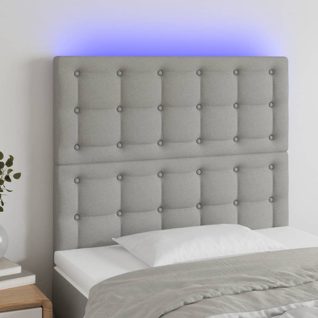 vidaXL Cabeceira cama c/ luzes LED tecido 80x5x118/128 cm cinza-claro
