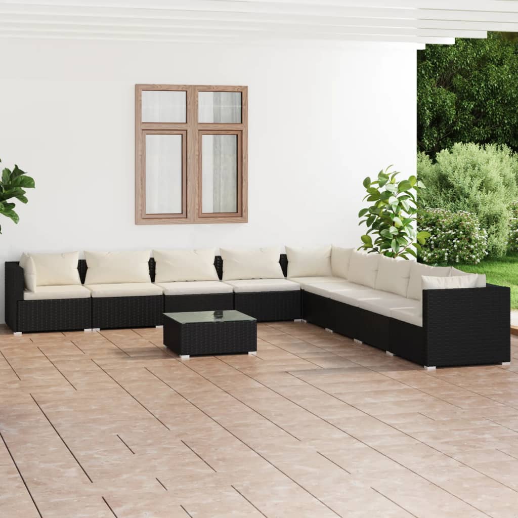 vidaXL 10 pcs conjunto lounge de jardim c/ almofadões vime PE preto