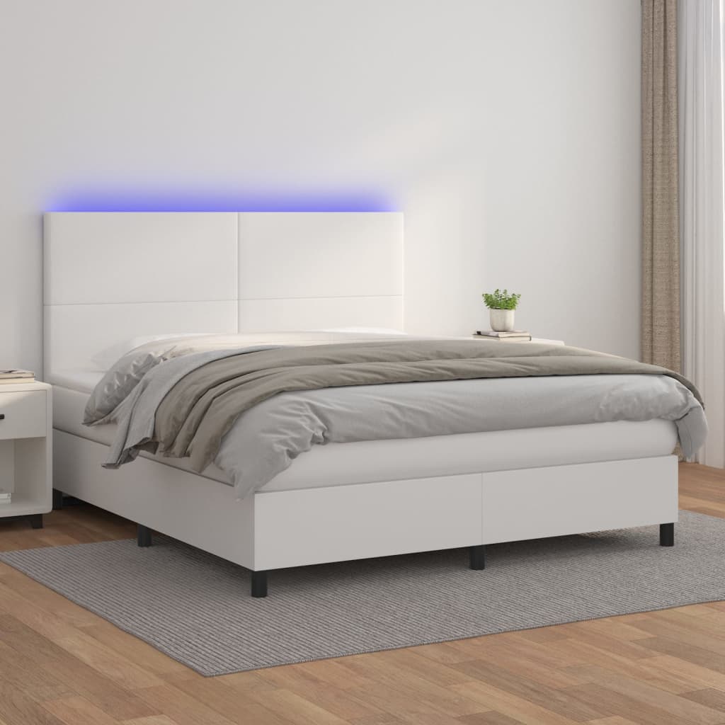 vidaXL Cama box spring c/colchão/LED 160x200cm couro artificial branco