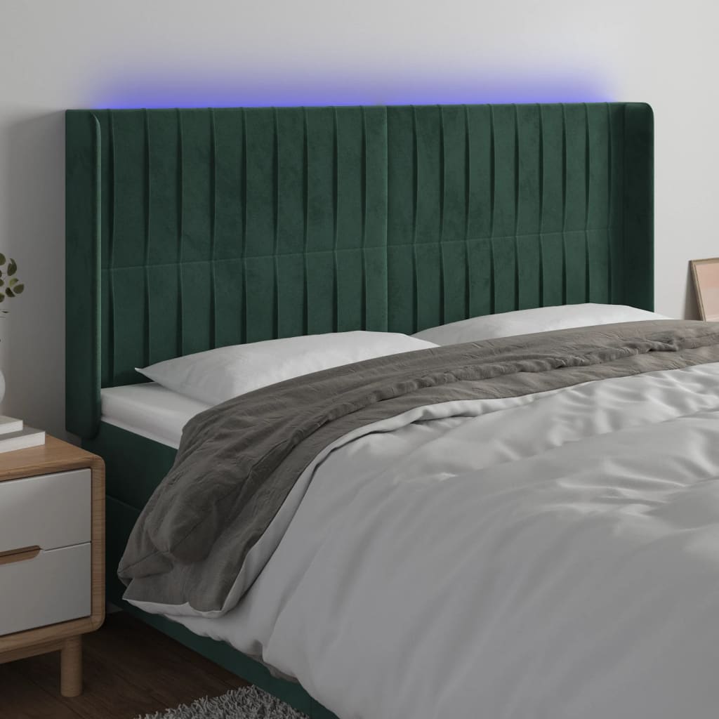 vidaXL Cabeceira de cama c/ LED veludo 163x16x118/128 cm verde-escuro