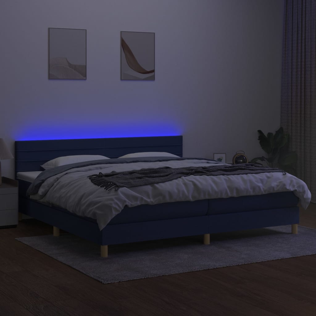 vidaXL Cama box spring c/ colchão e LED 200x200 cm tecido azul