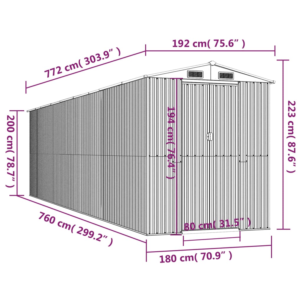 vidaXL Abrigo de jardim 192x772x223 cm aço galvanizado verde