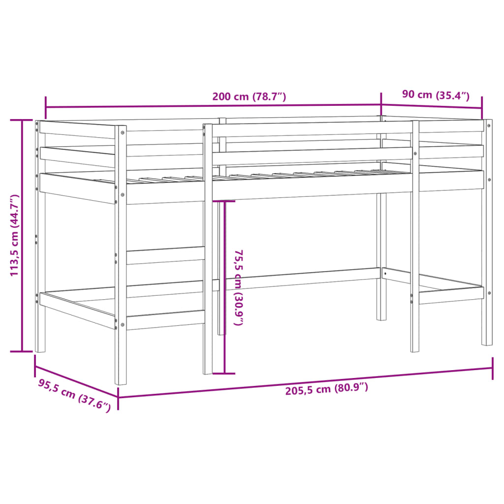 vidaXL Cama alta criança c/ túnel 90x200 cm pinho maciço branco/preto