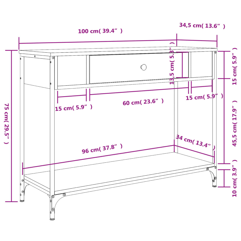 vidaXL Mesa consola 100x34,5x75 cm derivados madeira carvalho castanho