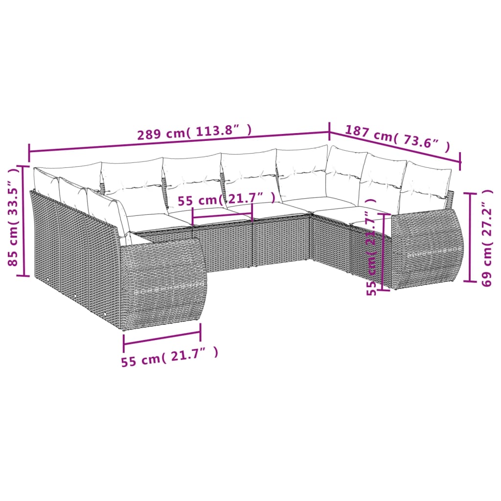 vidaXL 9 pcs conjunto de sofás p/ jardim com almofadões vime PE bege