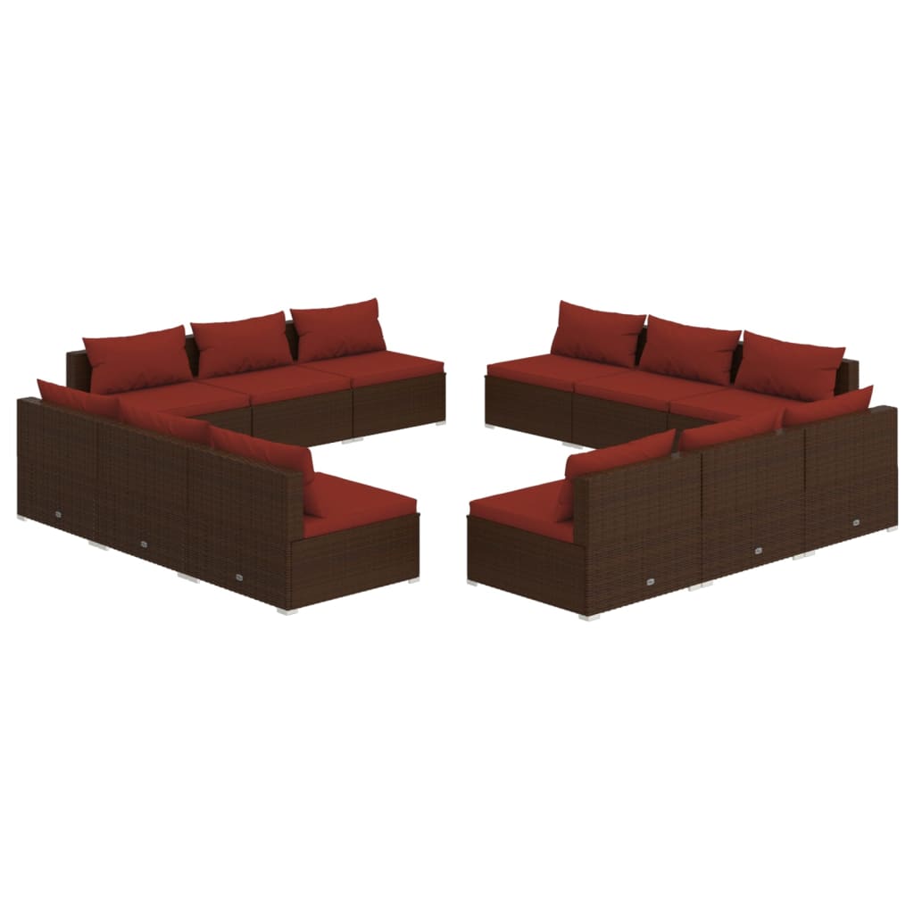 vidaXL 12 pcs conjunto lounge jardim c/ almofadões vime PE castanho