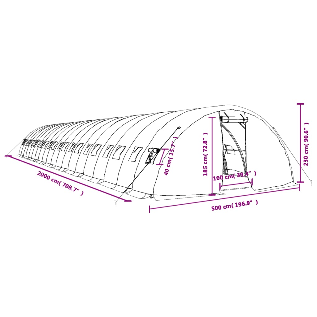 vidaXL Estufa com estrutura de aço 100 m² 20x5x2,3 m verde