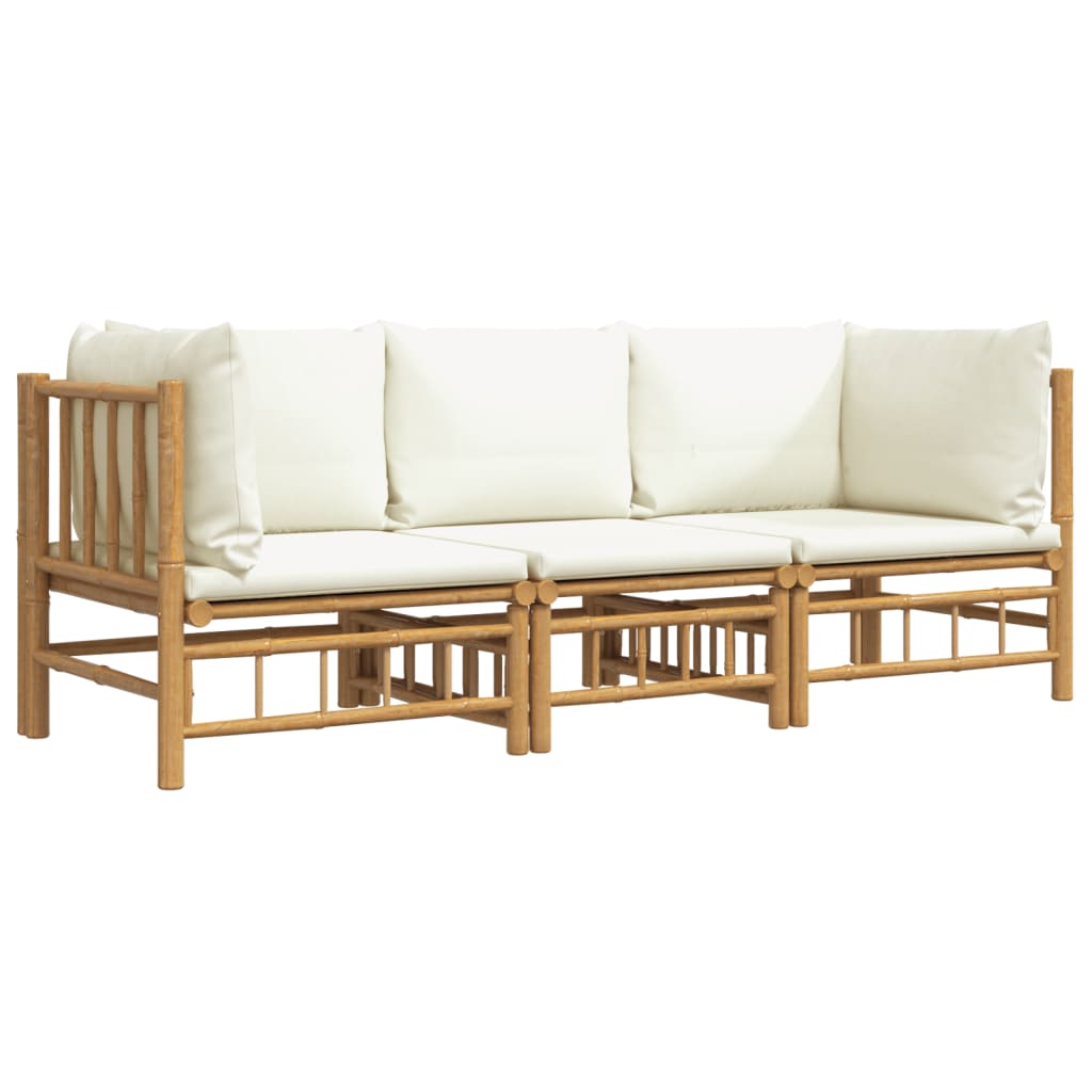 vidaXL 3 pcs conjunto lounge de jardim bambu c/ almofadões branco nata