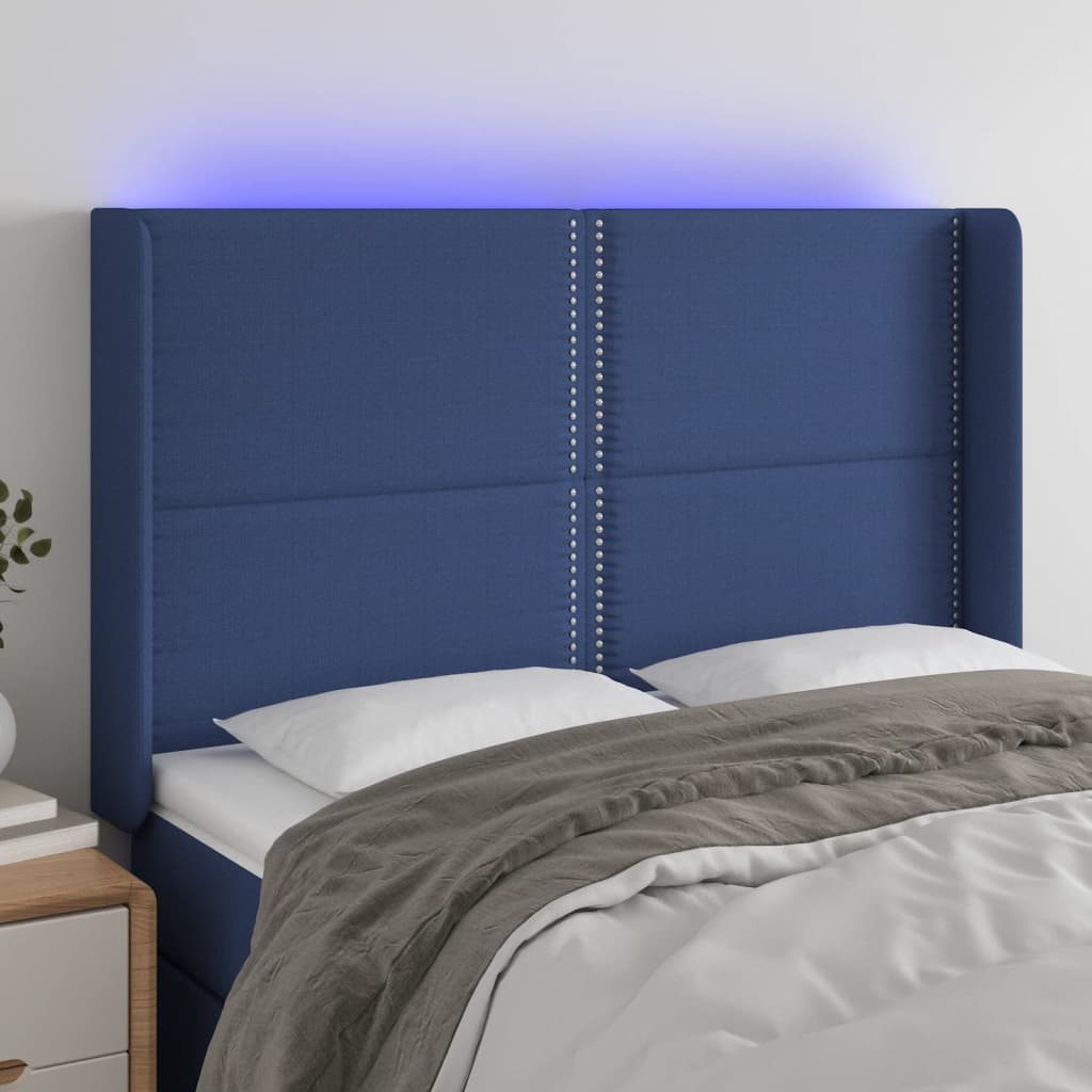 vidaXL Cabeceira de cama c/ luzes LED tecido 147x16x118/128 cm azul