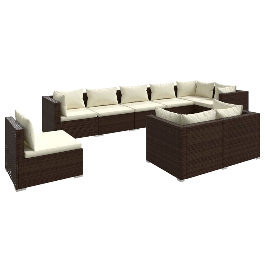 vidaXL 9 pcs conjunto lounge de jardim c/ almofadões vime PE castanho