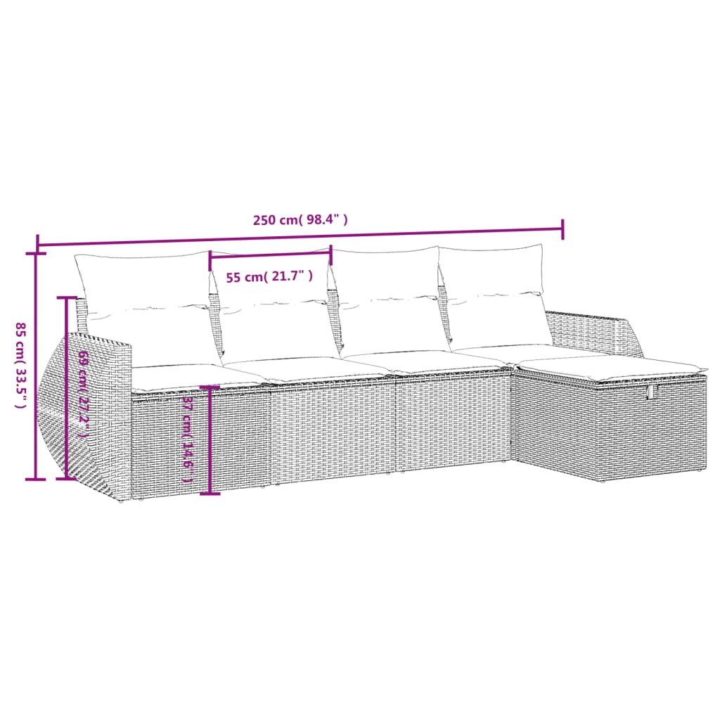 vidaXL 5 pcs conjunto sofás de jardim com almofadões vime PE preto