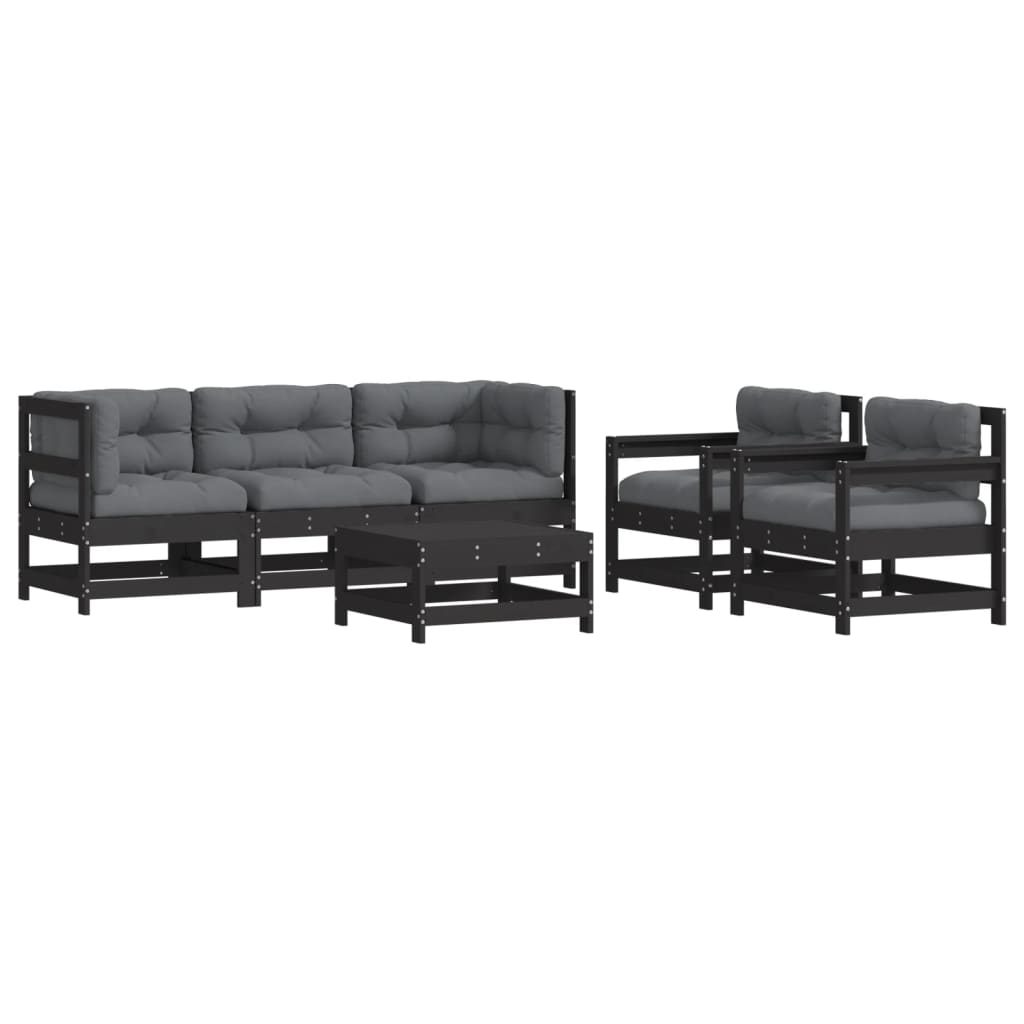 vidaXL 6pcs conjunto lounge jardim c/ almofadões madeira maciça preto