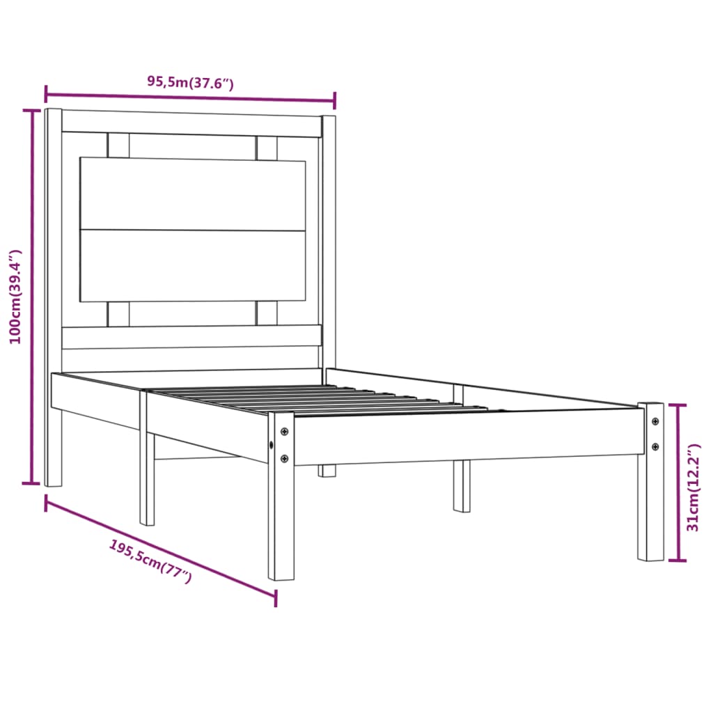 vidaXL Estrutura de cama solteiro 90x190 cm madeira maciça preto