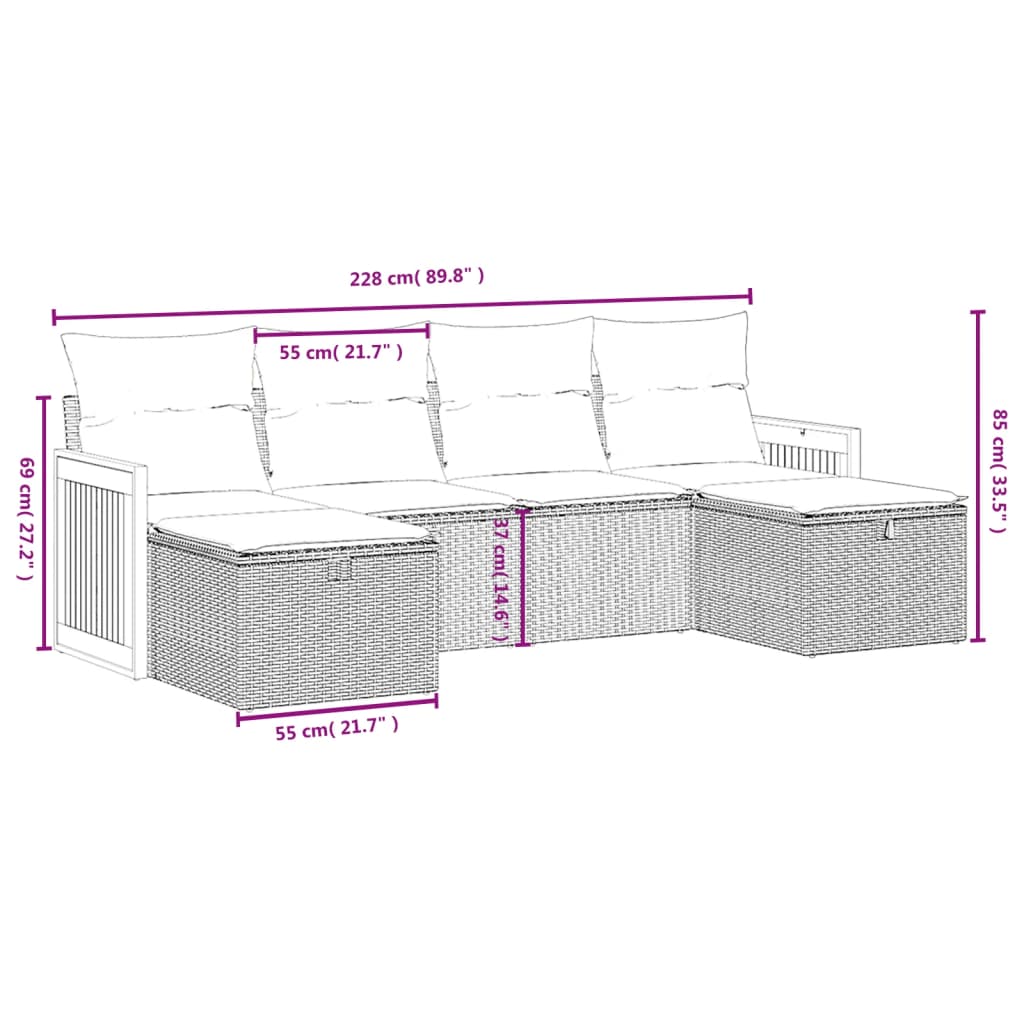 vidaXL 6 pcs conjunto sofás de jardim c/ almofadões vime PE preto