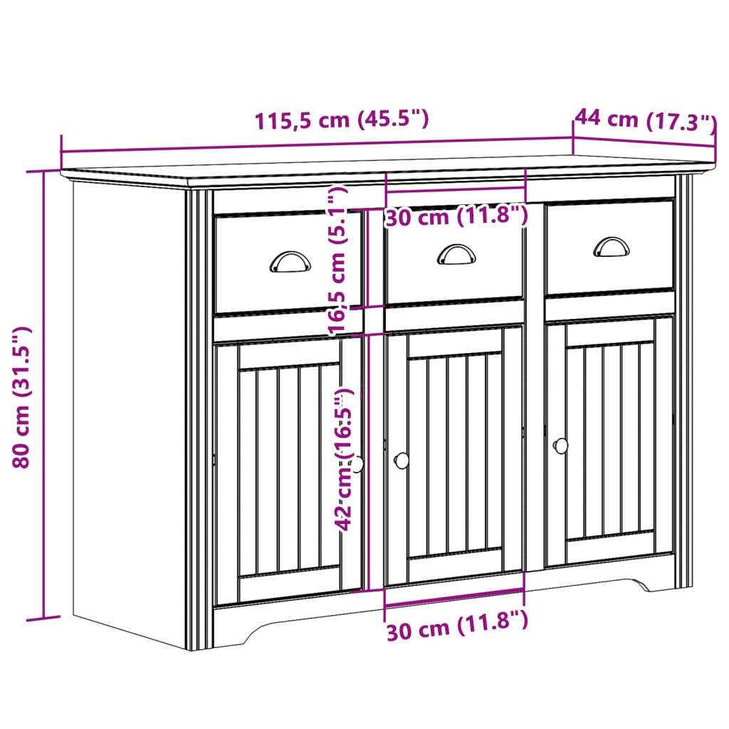 vidaXL Aparador BODO 115,5x44x80 cm pinho maciço branco e castanho