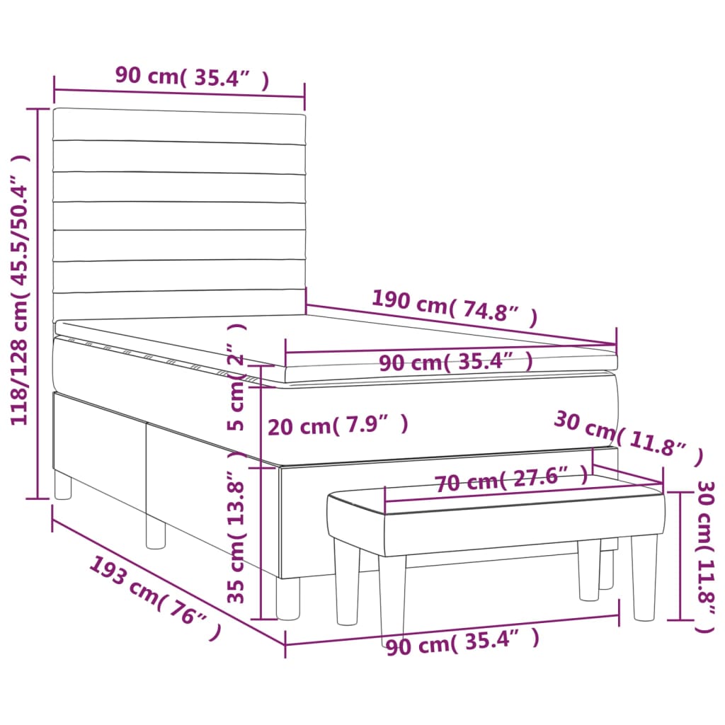 vidaXL Cama com molas/colchão 90x190 cm tecido cinzento-claro