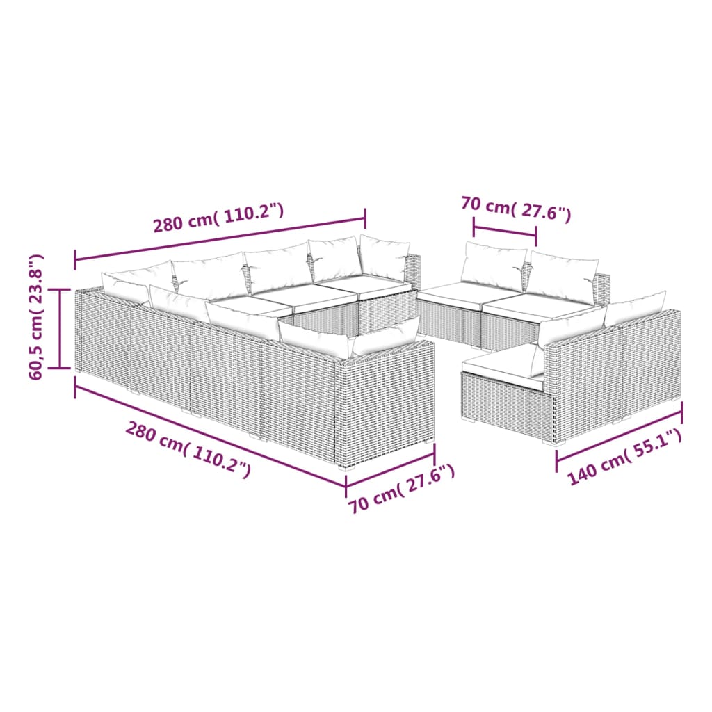 vidaXL 11 pcs conjunto lounge jardim c/ almofadões vime PE cinzento