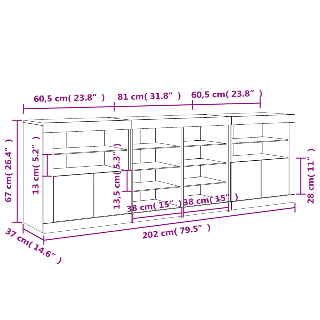 vidaXL Aparador com luzes LED 202x37x67 cm branco