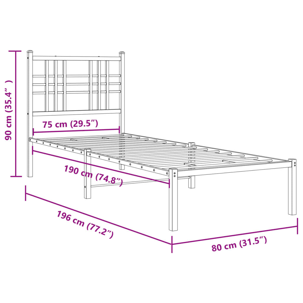 vidaXL Estrutura de cama com cabeceira e pés 75x190 cm metal preto