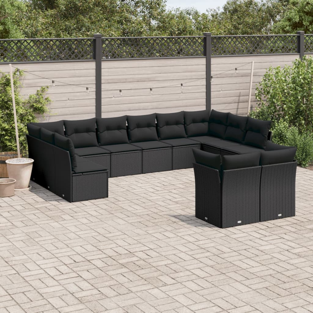 vidaXL 12 pcs conjunto de sofás de jardim c/ almofadões vime PE preto