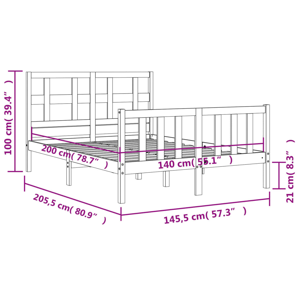 vidaXL Estrutura de cama com cabeceira 140x200 cm madeira maciça preto