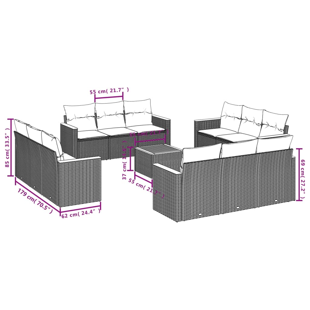 vidaXL 13 pcs conjunto de sofás p/ jardim com almofadões vime PE bege