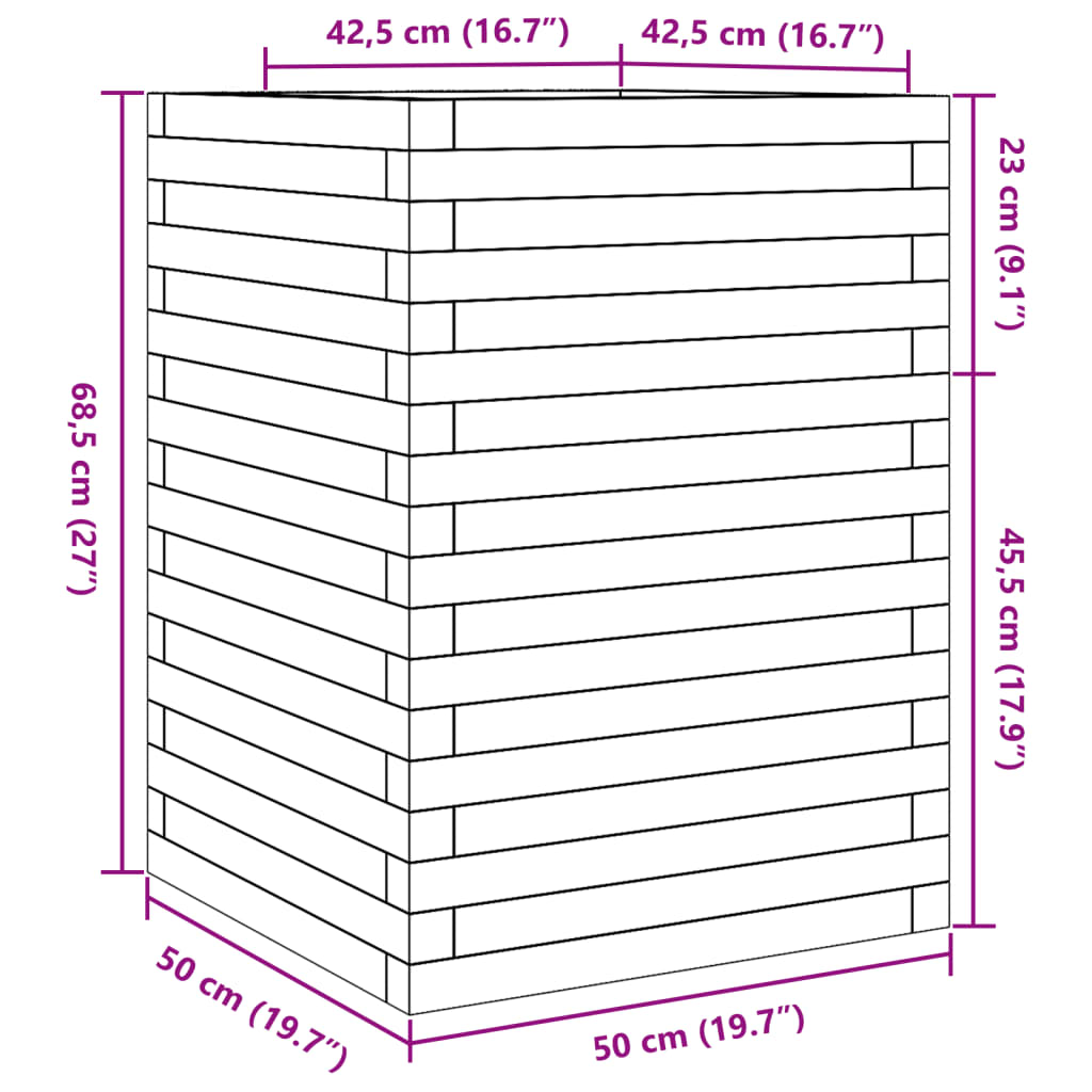 vidaXL Vaso/floreira de jardim 50x50x68,5 madeira de pinho impregnada